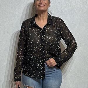CAbi Black Sheer Galaxy Star Blouse Sz M